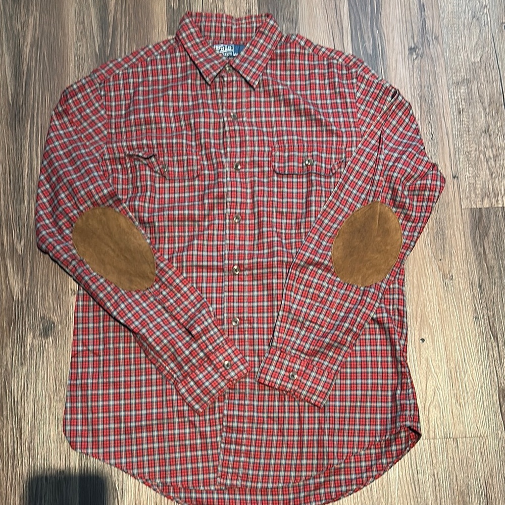 Ralph Lauren Red and Brown Casual Button Down Shirt with Elbow Patches